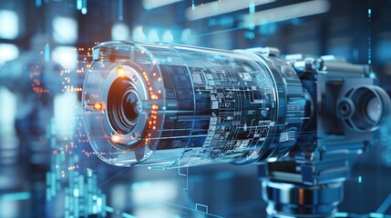 AI security camera with transparent casing showing internal edge computing hardware, embedded AI chip visible, real-time video analytics processing, holographic data streams overlay