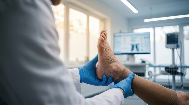 Doctor examining patient foot in medical clinic