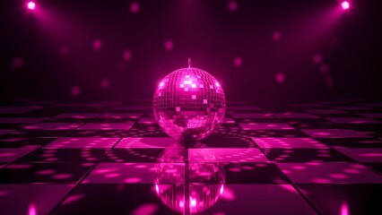 Pink disco ball on checkered floor with light reflections. Celebration and nightlife entertainment. Mirror sphere spinning in a bright neon dance club