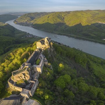 Drone shot of Aggstein Ruin at sunrise with Danube, Wachau, Sch&ouml;nb&uuml;hel-Aggsbach, Lower Austria, Austria