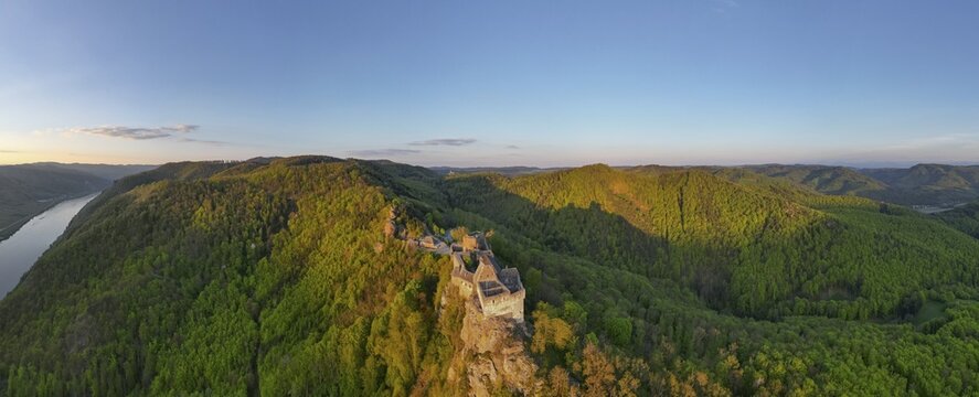 Drone shot of Aggstein Ruin in the evening light, Wachau, Sch&ouml;nb&uuml;hel-Aggsbach, Lower Austria, Austria