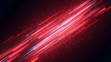 Red diagonal light streaks with glowing spark particles. Speed and high energy performance. Dynamic motion blur lines moving through dark space