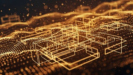 Golden geometric wireframe structures over bokeh particle field. Architecture and luxury construction. Cubes floating in a warm glowing digital space