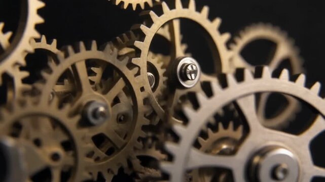 Complex mechanism of interlocking gears in motion, captured in a close-up view