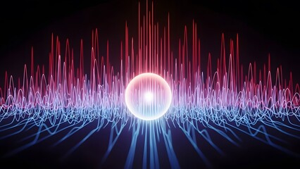 Glowing white orb center with blue and red frequency waves. Sound and data visualization. Energy sphere emitting vibrant digital signals across the horizon