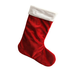 Red velvet Christmas stocking with white fur cuff isolated on Transparent Background