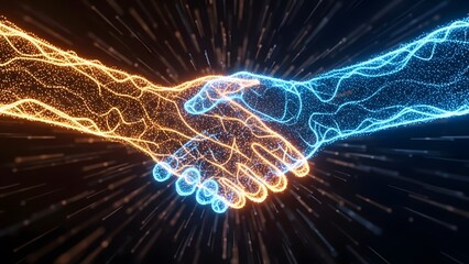 Digital handshake between fire and ice glowing energy arms. Global partnership and collaboration. Virtual hands meeting in high speed space connection