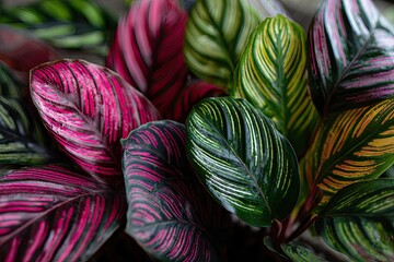 Close-up of vibrant, colorful Calathea leaves showcasing striking patterns