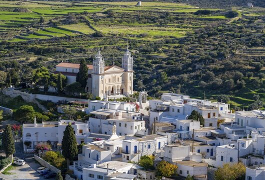 View over the village of Lefkes with white Cycladic houses, town view with church of Agia Triada, Church of the Holy Trinity of Lefko, Lefkes, Cyclades, Greece
