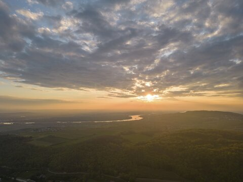 Aerial view of sunrise over the Danube, Furth bei G&ouml;ttweig, Lower Austria, Austria
