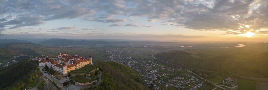 Aerial view of G&ouml;ttweig Abbey and sunrise over the Danube, Furth bei G&ouml;ttweig, Lower Austria, Austria