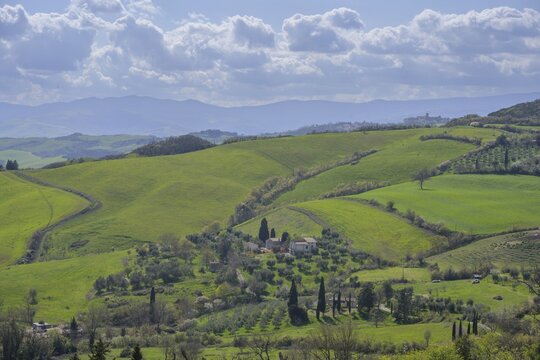 View of the green hills from the panoramic terrace, San Casciano dei Bagni, province of Siena, Italy