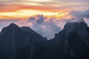 Freiheittürm and Fälenschafberg, sunrise, sun shining over mountains in fog, Säntis, Appenzell Ausserrhoden, Appenzell Alps, Switzerland