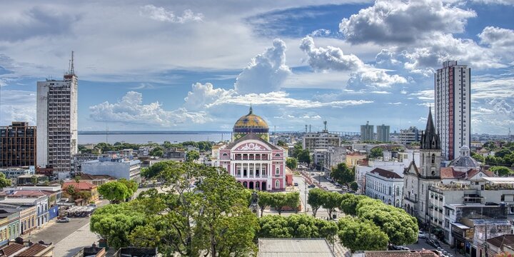 View over Manaus and Belle Epoque Amazon Theatre, Manaus, Amazonia State, Brazil