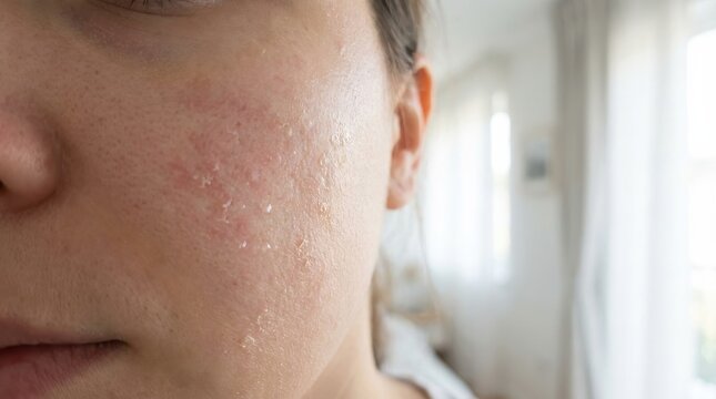 Red peeling skin on woman's face close-up