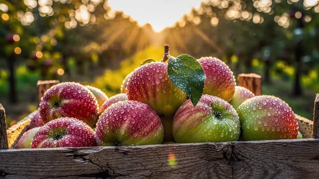 Bright sunlight frames a wooden crate of red-green apples, dew-kissed skins in a sunlit orchard