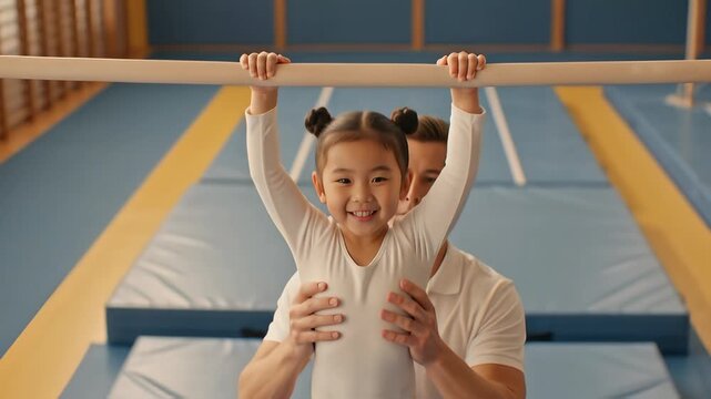 Male coach helping a smiling little gymnast girl hang on a horizontal bar in a blue gym, illustrating childhood sports training.