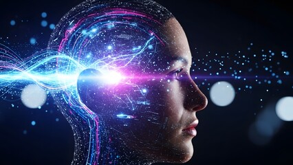 Artificial intelligence and neural network mind. Cognitive computing and deep learning concept. Side profile of digital human face with glowing brain activity and data streams