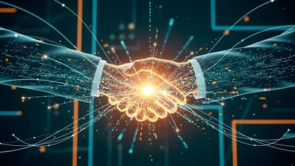 Digital handshake and global business partnership. Blockchain contract and technological agreement. Two glowing virtual hands meeting amidst data particles and light rays