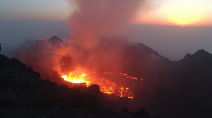 Fototapeta premium Volcanic caldera erupting with molten lava at sunrise, showcasing dramatic reds and oranges.