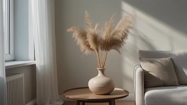 A serene corner with pampas grass in a vase on a round wooden table beside a white couch near a window