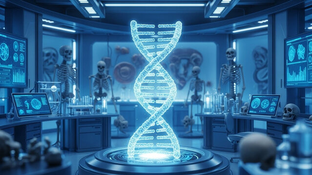 DNA helix and ancient skulls in lab, biological anthropology and genetic research