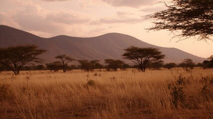 Naklejka premium Savannah landscape at dawn with dry grasses and distant mountains bathed in warm light
