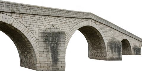 Ancient stone bridge with multiple arches constructed from weathered grey bricks displaying historical architecture and robust engineering arch bridge masonry structure old transparent background