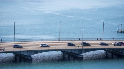 Cars driving over bridge, city centre, Zurich, Switzerland