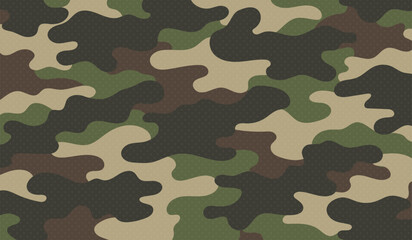 Fototapeta premium Camouflage pattern background with organic layered shapes and subtle dot texture in green brown beige and dark tones
