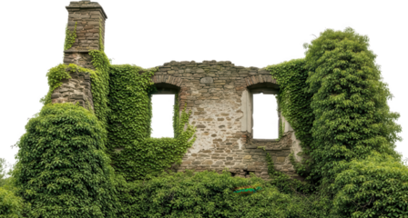 Ancient stone ruin with arched window openings covered in lush green ivy and dense foliage a crumbling chimney visible architecture building exterior overgrown nature decay transparent background