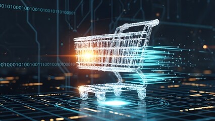High speed e-commerce and automated retail systems. Express delivery and digital sales. Glowing shopping cart moving fast across a motherboard circuit background.