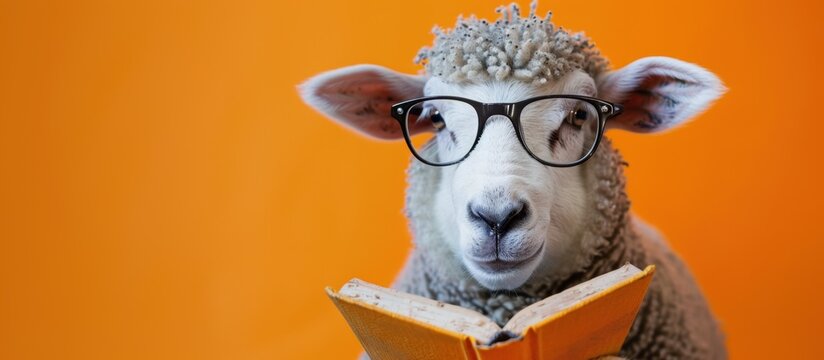 A sheep wearing glasses reads a book against an orange background. The sheep has a fluffy coat and a curious expression, adding a whimsical touch to the scene.