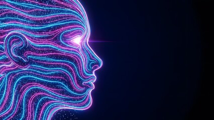 Artificial intelligence profile and digital neural network. Machine learning and human mind concept. Cybernetic head outline with glowing neon lines on dark background.