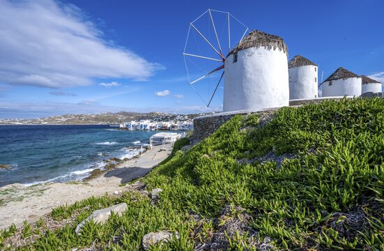 Cycladic windmills on the coast, Kato Milli, Mykonos Town, Mykonos, Greece