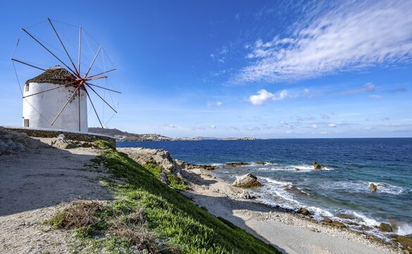 Cycladic windmill on the coast, Kato Milli, Mykonos Town, Mykonos, Greece