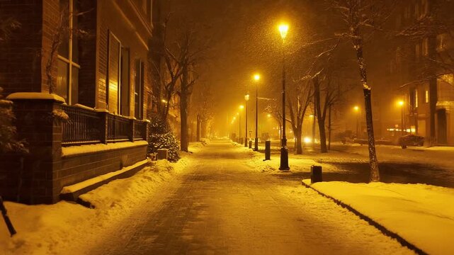 Snow-covered street scene at night with illuminated lamp posts and buildings in a serene winter landscape viewed from a distant perspective