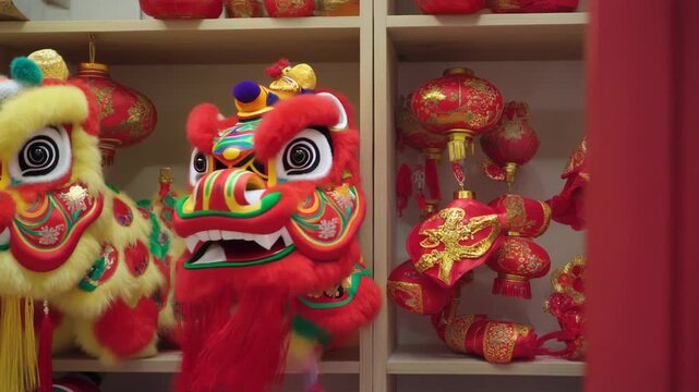 Traditional Chinese lion dance costumes on display in a cultural store shelf