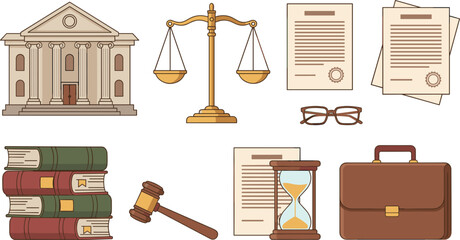 Comprehensive Law and Justice Icon Set Featuring Courthouse, Scales, Legal Documents, Books, Gavel, Hourglass, and Briefcase Illustrations