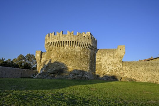 Fortress wall in the evening light, Populonia, Piombino, province of Livorno, Italy