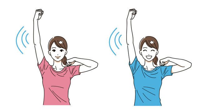 Two young women in pink and blue t-shirts performing arm stretches with visible motion lines representing physical exercise.