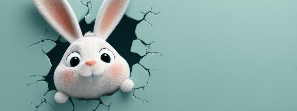 Adorable conejito blanco y rosa de pascua de dibujos animados, saliendo de un agujero roto de una pared verde, feliz mirando a c&aacute;mara.
