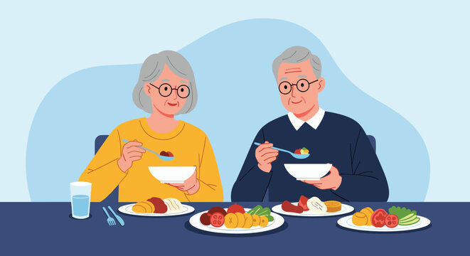 Senior couple enjoying a healthy and balanced meal together at a dining table in a clean and modern flat vector illustration style.