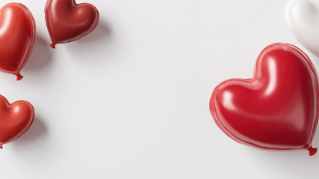 fondo abstracto rom&aacute;ntiico de San Valentin, con globos grandes con forma de coraz&oacute;n rojo sobre fondo blanco visto desde arriba. Concepto celebraciones, cumplea&ntilde;os, bodas, dia de la madre y aniversario