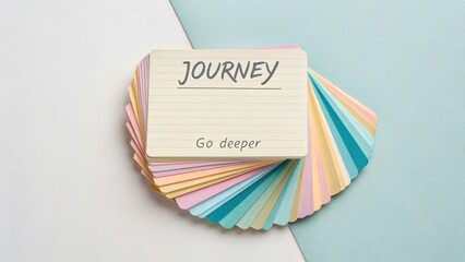 A stack of pastel colored index cards with the word Journey and Go deeper, laid out in a soft toned flat lay for inspiration
