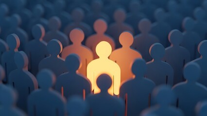 Glowing yellow figure standing out from crowd. Leadership and individual uniqueness. Illuminated human silhouette among blue silhouettes in a repetitive group