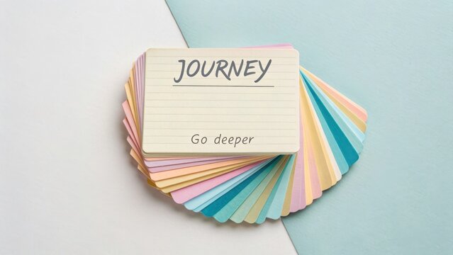 A stack of pastel colored index cards with the word Journey and Go deeper, laid out in a soft toned flat lay for inspiration
