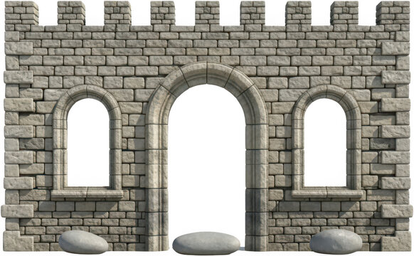 Ancient stone castle wall with arched entrance and windows featuring crenellated parapet and rounded cobblestones below medieval architecture fortress facade archway gateway transparent background