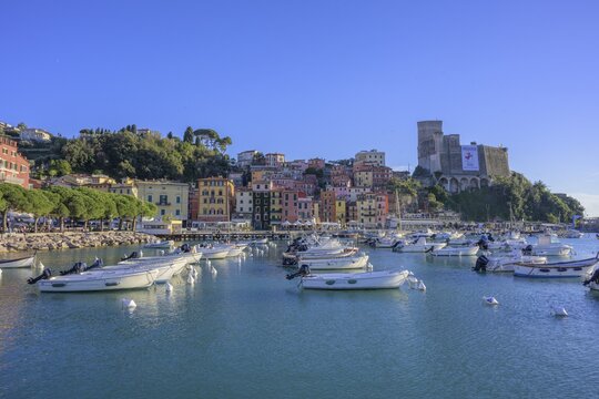 Castle and boats in the port of, Lerici, province of La Spezia, Italy