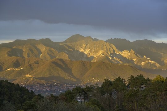 Mountains with marble quarries in the evening light, Monte Marcello, province of La Spezia, Italy